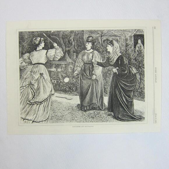 Antique 1871 Wood Engraving Print Battledore & Shuttlecock Every Saturday Mag